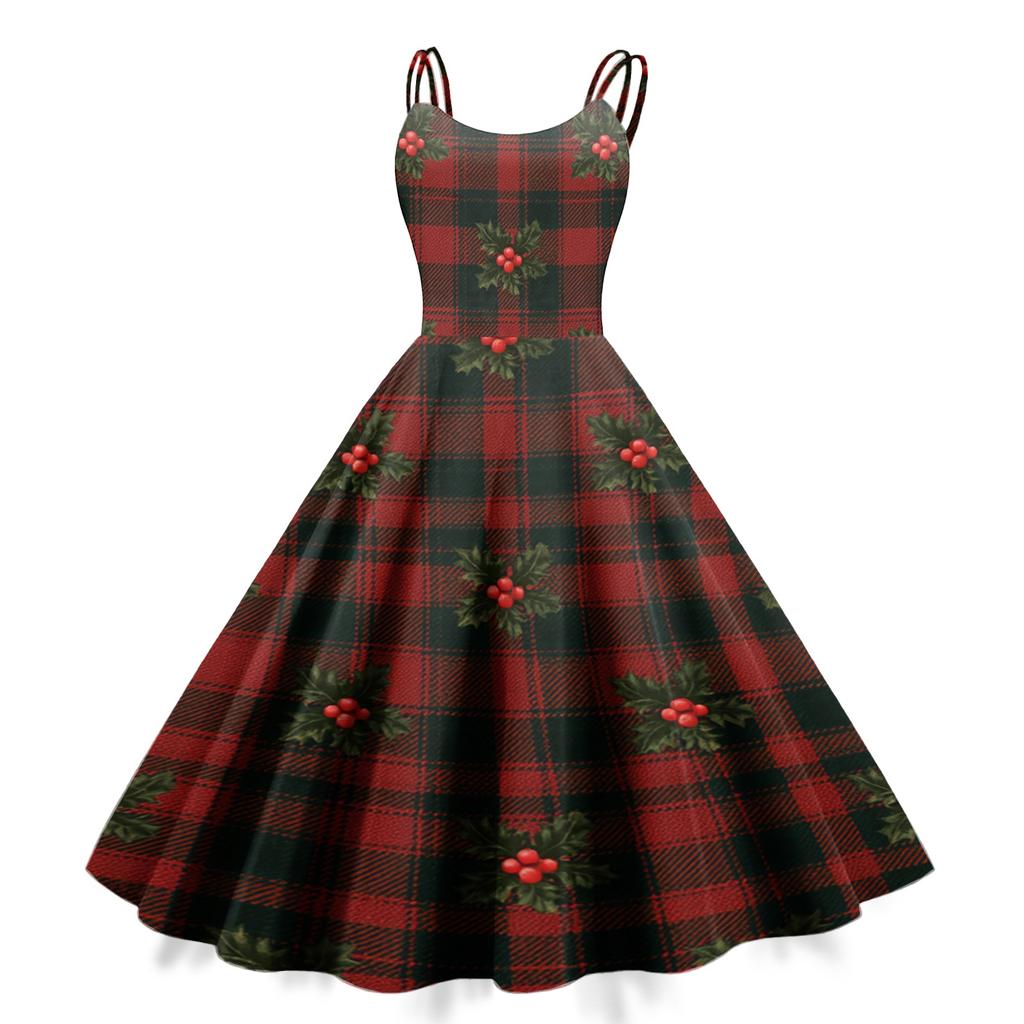 Women's Casual Sleeveless Dress with Christmas Print and Round Neck for Holiday Party