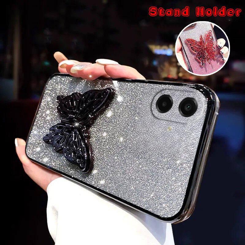 For Samsung Galaxy A07 / Galaxy A07S / Galaxy A08 Case with Cute Butterfly Stand Luxury Slim Gradient Clear Plating Glitter Girls