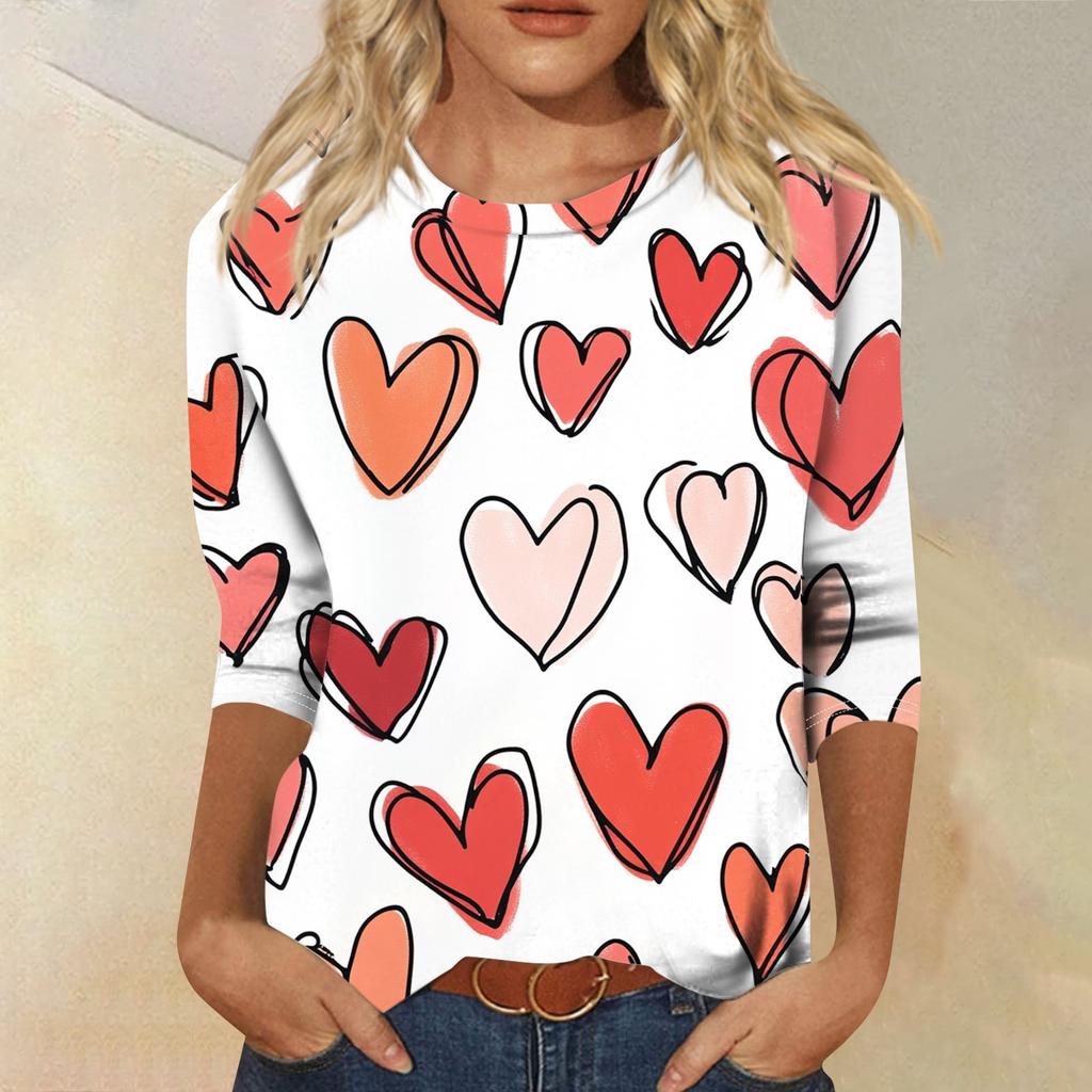 Top cu mâneci 3/4 Tricou de damă Casual Imprimat de Ziua Îndrăgostiților Tricou cu gât rotund Jumper