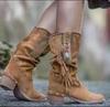 Böhmische Mid-Calf-Stiefel Damen Neu 2026 Winter Ethnische Nieten Quaste Stiefel Frau Kunstwildleder Spitze Dicke Ferse Schuh Stiefelletten Damen