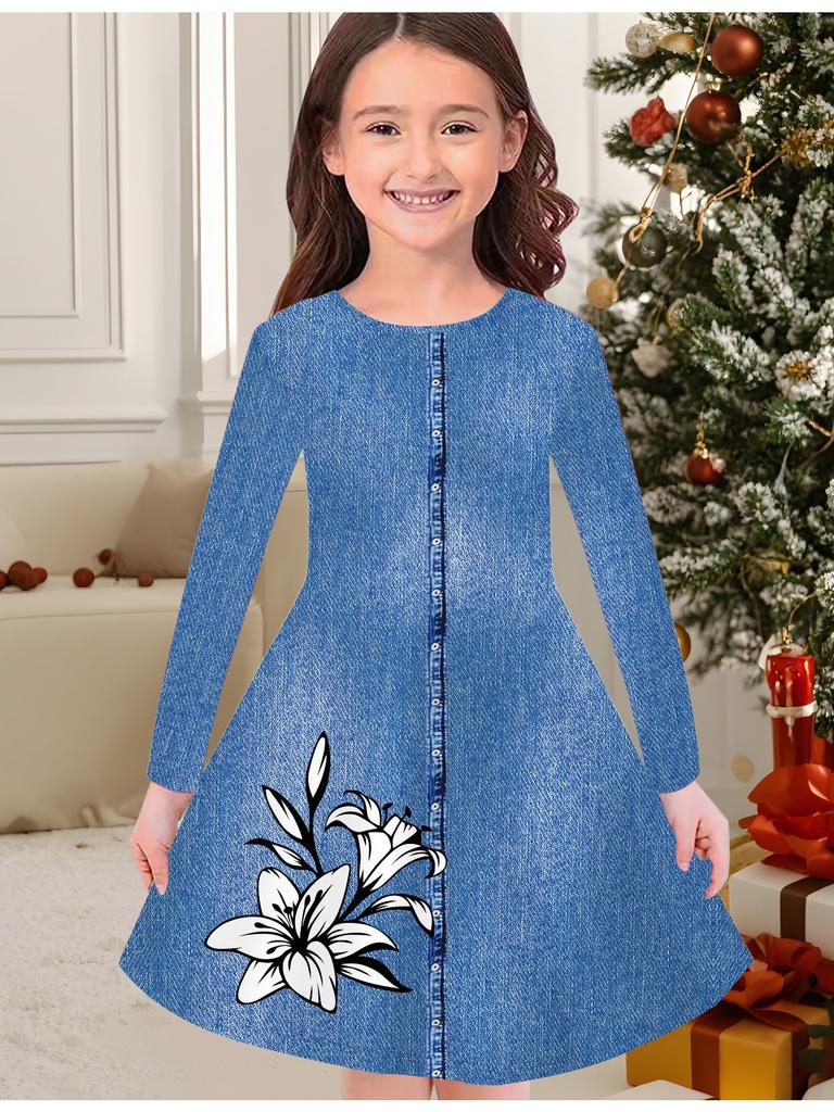 Girls' Autumn and Winter Fashion Dress, 3D Denim-like Print  Round Neck Long Children's T-shirt Dress, Casual Versatile, Christmas Clothing