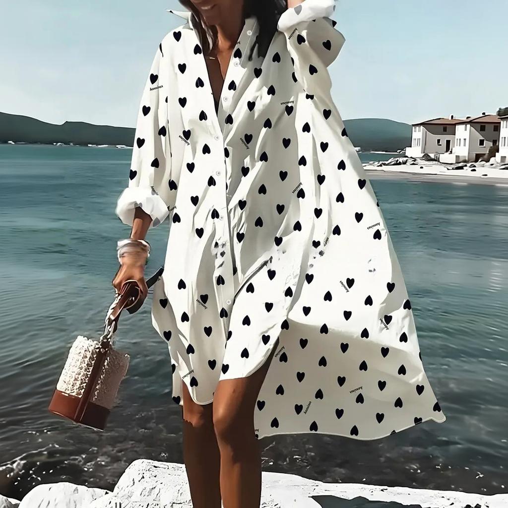 Women's Loose Fit Midi Shirt Dress with Notched Collar for Casual Fashion