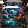 Chinese Style Duvet Cover Set 3 Piece Moonlight Pavilion Waterfall Cherry Blossom Print Bedding Set Double Size Machine Washable