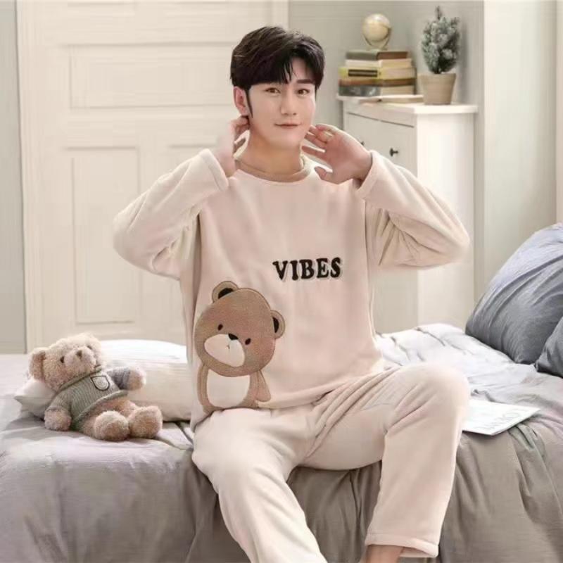 Cute Crew Neck Men's Pajamas Set Autumn Winter Casual Simple New Men's Sleepwear Cartoon Vintage Home Wear