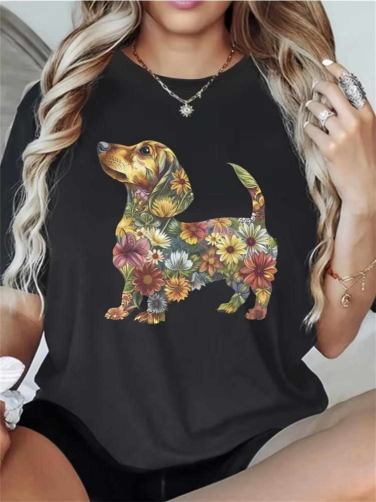 Women's Floral Dachshund Print Round Neck T-Shirt Four Seasons Cotton Short Sleeve Top Casual Sportswear Everyday Wear Plus Size