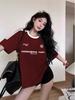 Women's Plus Size Retro Wine Red Patchwork Cotton Raglan T-shirt - Slimming, Short Sleeve, Loose Fit for Summer