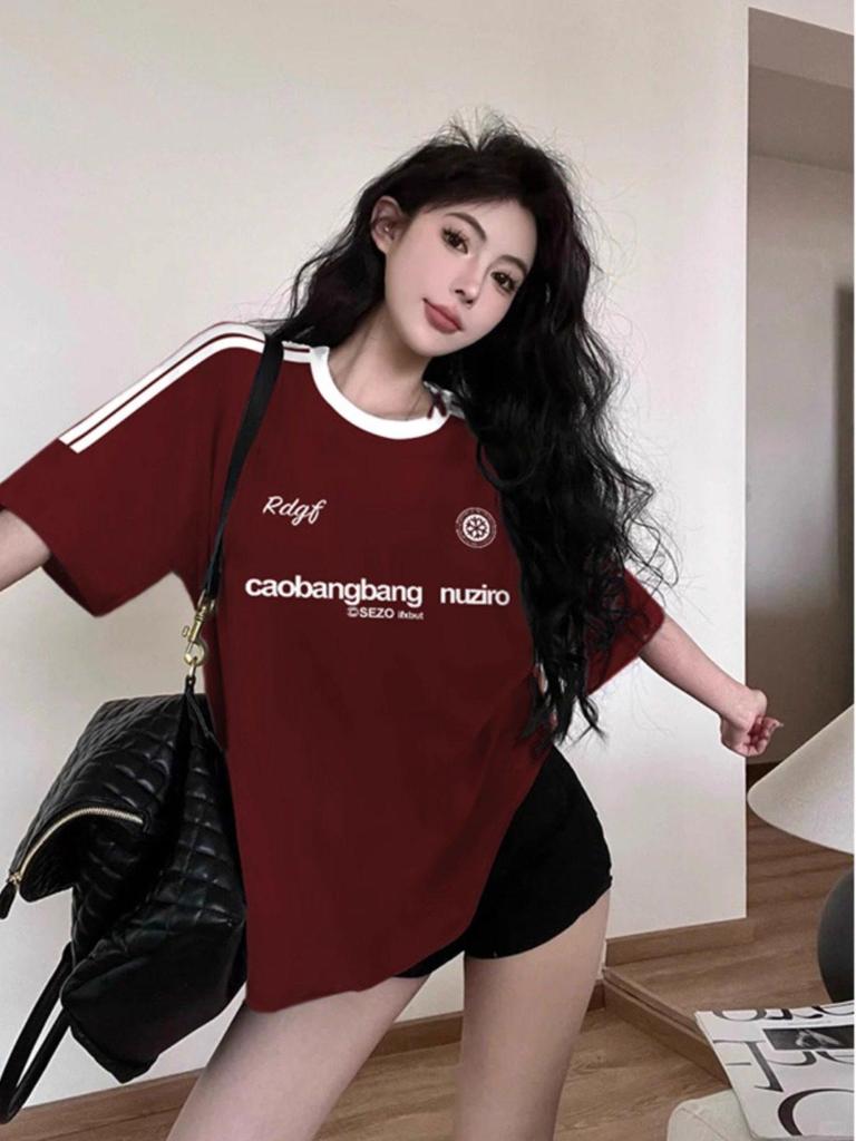 Women's Plus Size Retro Wine Red Patchwork Cotton Raglan T-shirt - Slimming, Short Sleeve, Loose Fit for Summer