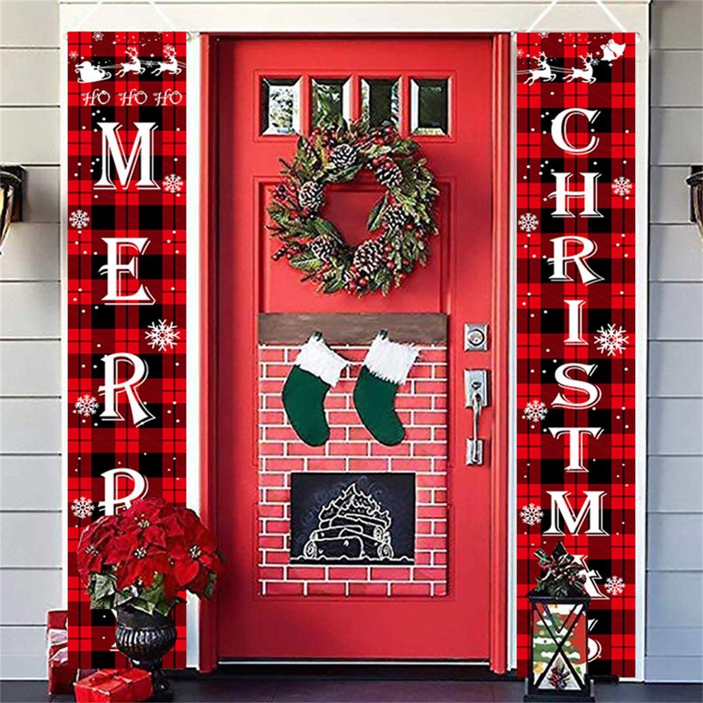 Merry Christmas Decorations Banner, Christmas Porch Sign Red Plaid Hanging Banners For Indoor Outdoor Front Door Wall Xmas Decor