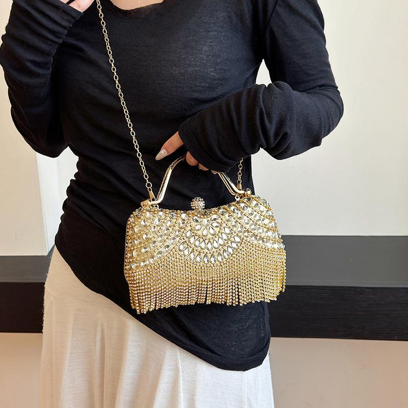 New fashion rhinestone foreign style shoulder messenger bag women's chain fringed dinner bag