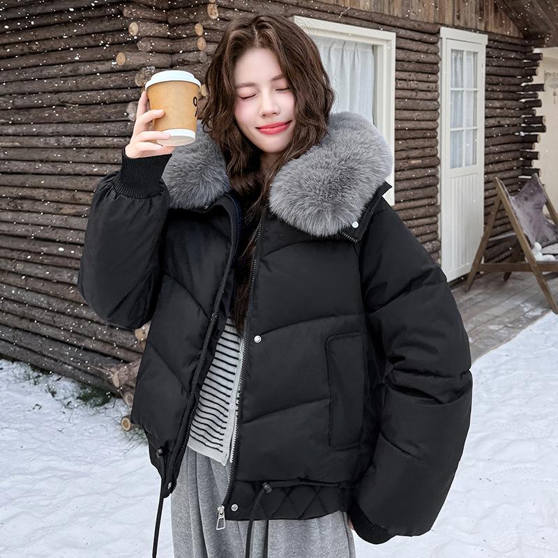 

Зимняя куртка с большим меховым воротником и хлопковой подкладкой, теплая ветрозащитная стеганая куртка для женщин, утолщенная, свободного кроя оверсайз XS чёрный