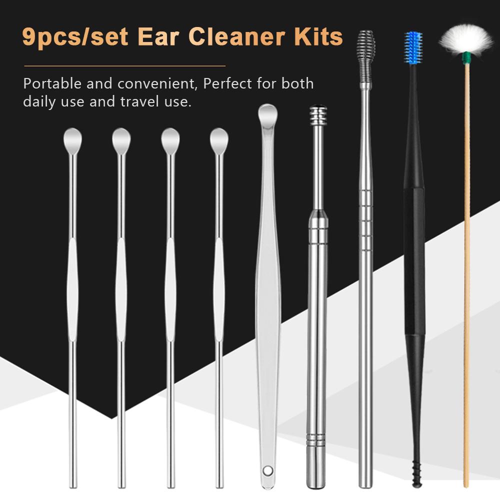 9pcs/set Ear Cleaner Kits Stainless Steel Earpick Wax Remover Curette Goose Feather Ear Pick Ear