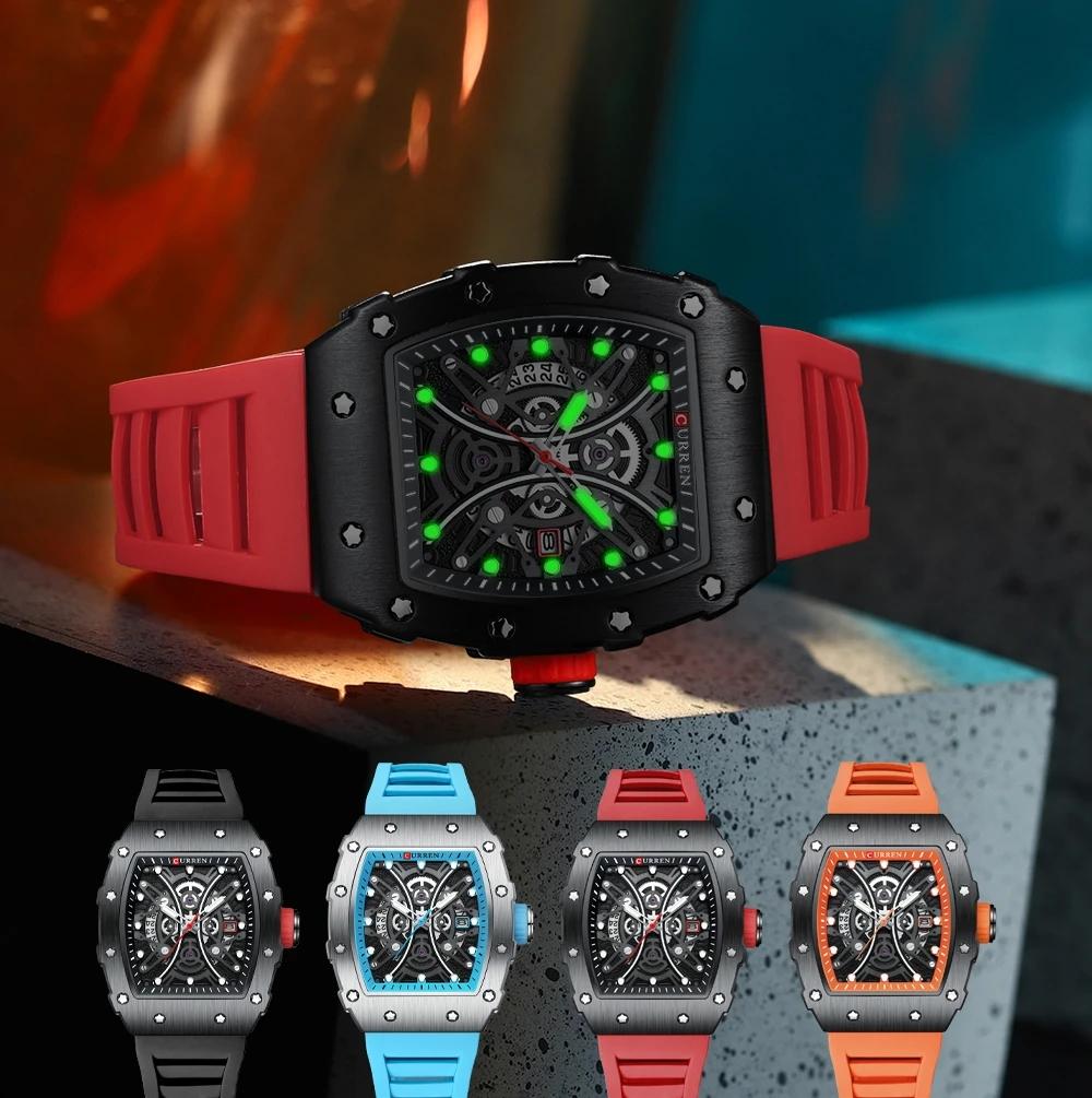 CURREN 8438 Nouvelle Montre Carrée Lumineuse pour Hommes Cadran Semi-Creux Auto Dateur Sport Casual Bracelet en Silicone Montres-bracelets