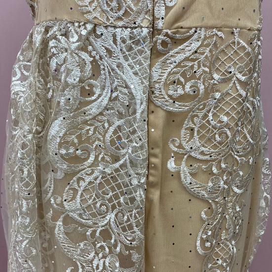 שמלת מקסי סקסית מנצנצת לנשים בסגנון בת הים ללא שרוולים עם מחשוף וי עמוק ושסע גבוה, שמלת בודיקון תחרה פרחונית פורמלית לערב ומסיבה