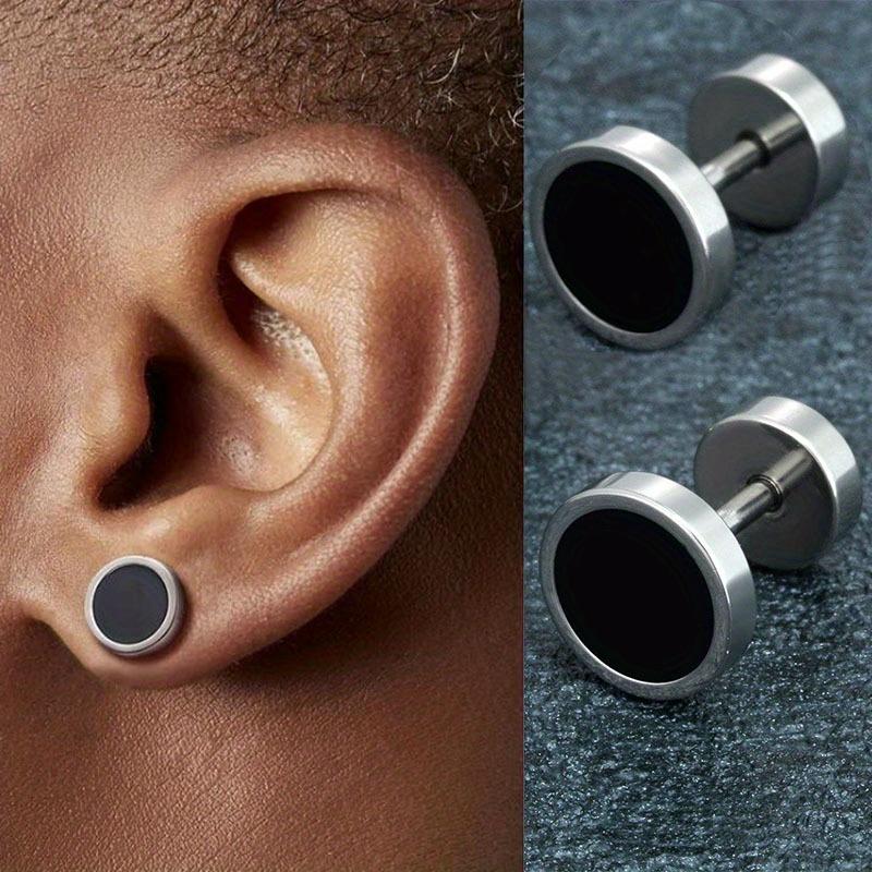 2pcs Unisex Punk Stainless Steel Simple Drip Oil Double Side Barbell Dumbbell Round Stud Earrings for Men Women Hip Hop Jewelry