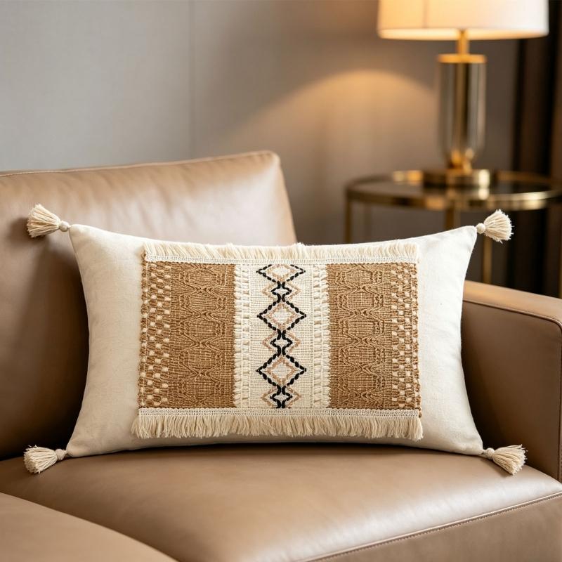 Tassels Throw Pillow Cover with Geometric Woven Texture, Neutral Farmhouse Cushion Cover for Living Room Bed Accent Decors