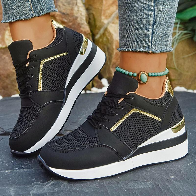 

Spring Gold Silver Mesh Wedge Sneakers Women Lightweight Platform Heels Casual Shoes Woman Plus Size 36-43 Lace Up Sneakers 43
