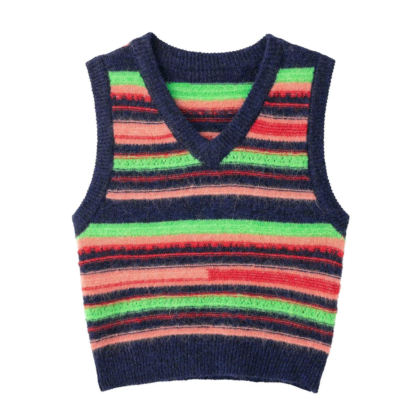 

Весна 2025 Женский облегающий вязаный жилет в радужную полоску L зелёный