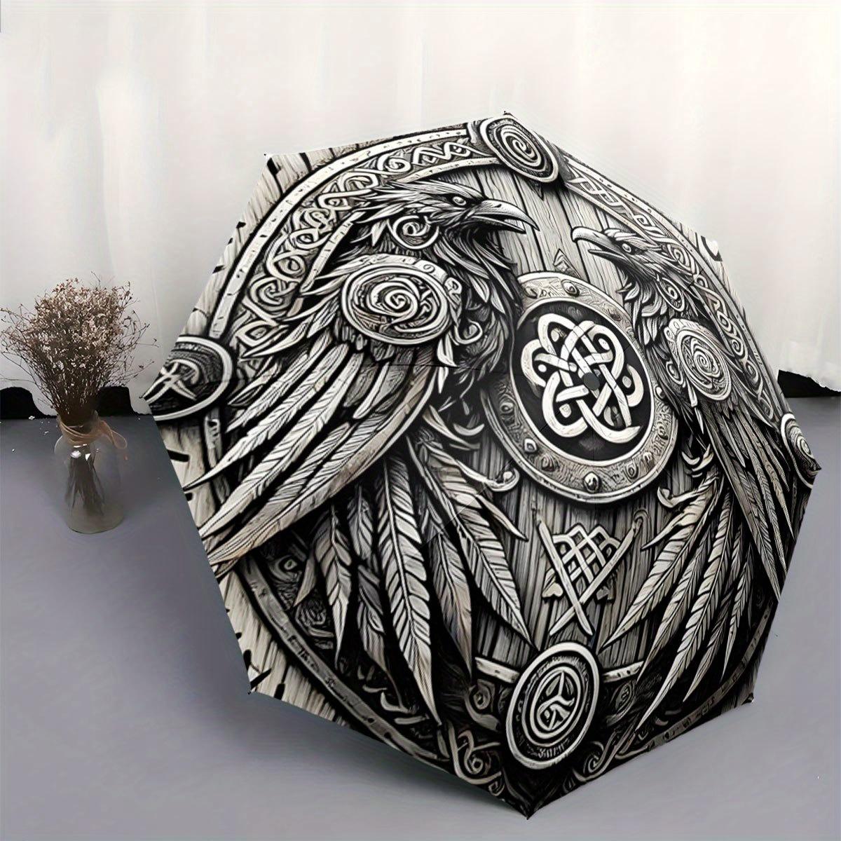 

Automatic Folding Umbrella with Viking Raven & Shield Design - 8-Rib Sturdy Frame, Compact Portable Collapsible Umbrella for A (as the picture,Iron&8K)