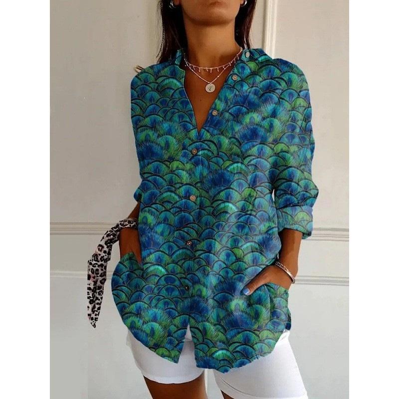 European and American 1D Digital Printing Stand-up Collar Long-sleeved Shirt Women's Loose Hawaiian Style Vacation Casual Top Trend