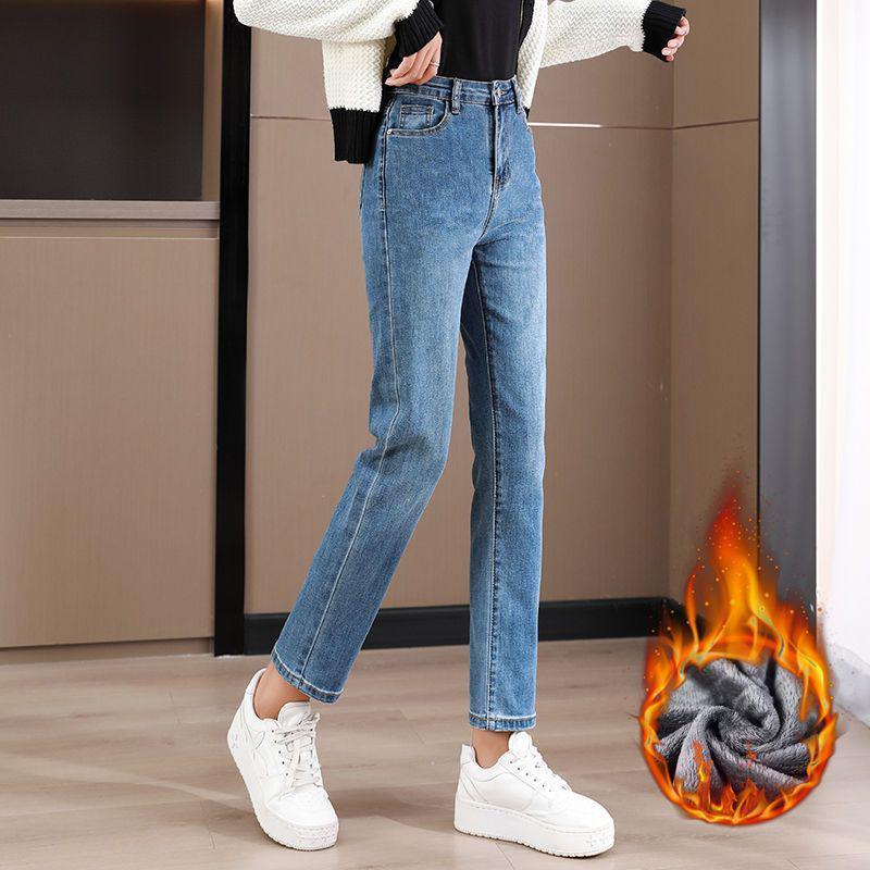 High-Waisted Slimming Velvet Straight-Leg Jeans for Women - Trendy Winter Cigarette Pants