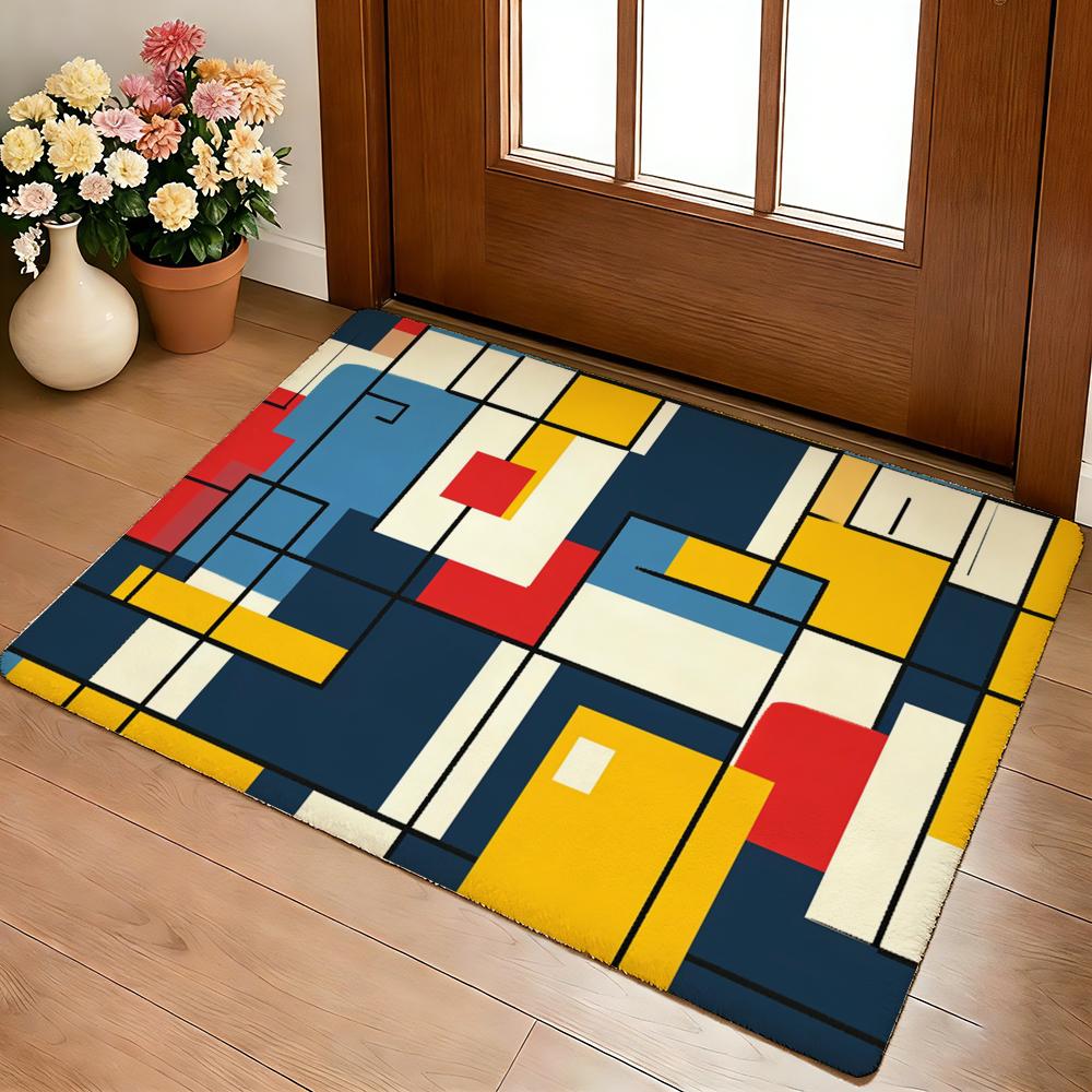 Tappetino Geometrico Astratto Stampa Mondrian Morbido Spesso Antiscivolo in Flanella Calda per Soggiorno Camera da Letto Cucina Tappeti Decorativi