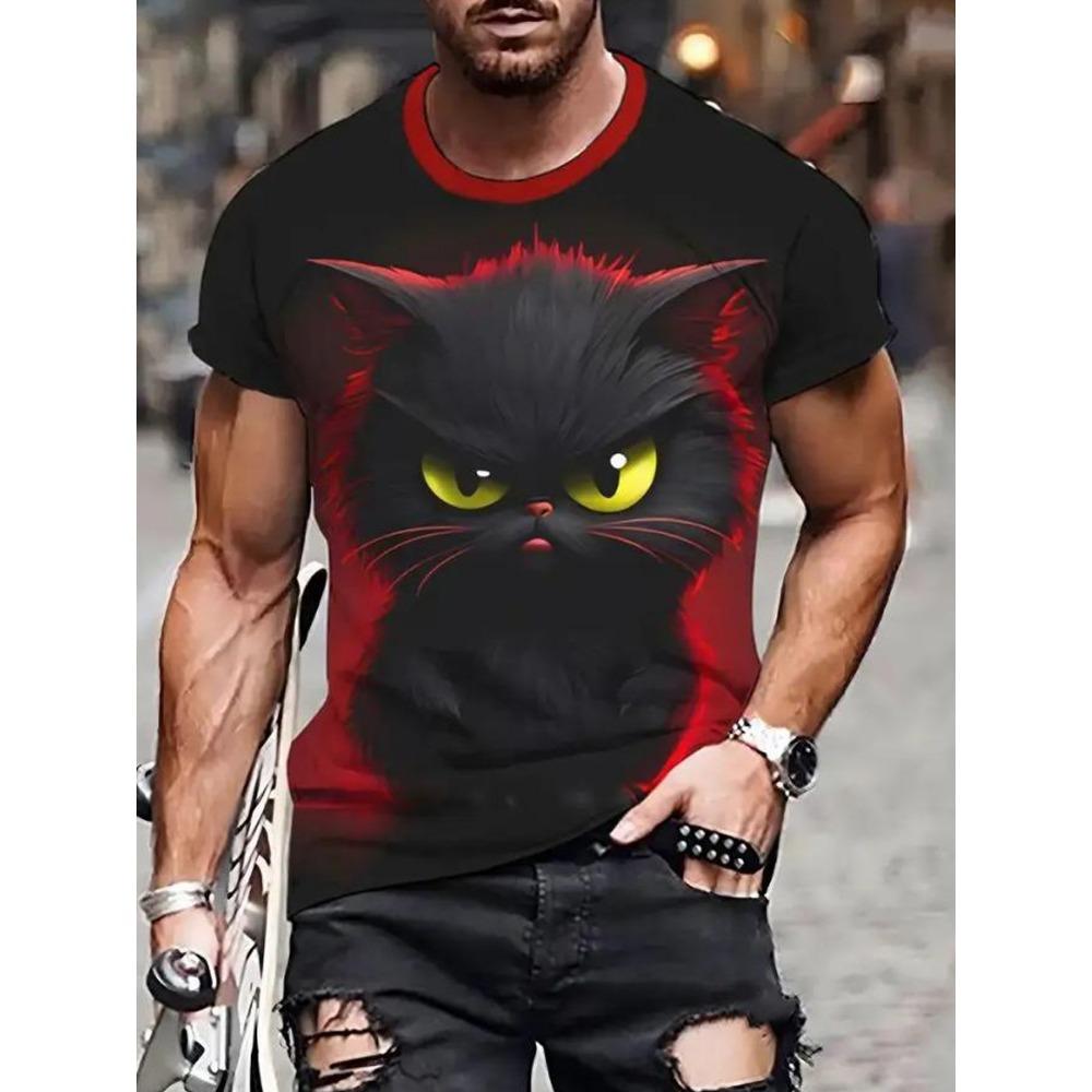 Men's Summer Casual Short Sleeved T-shirt with Realistic Cat Pattern Print