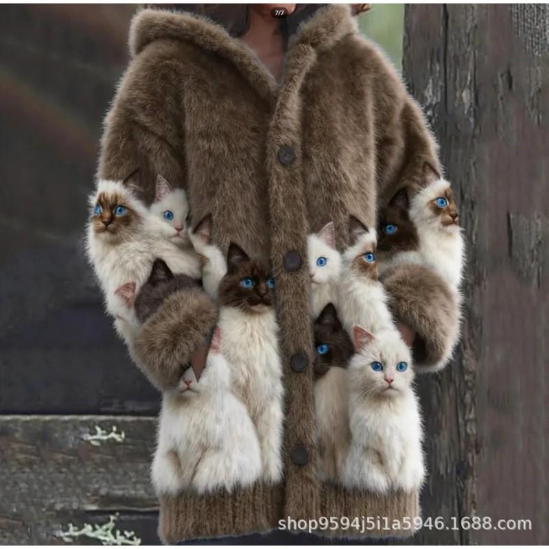 Womens 3D Cat Print Hooded Cardigan Sweater Coat Long Sleeve Thick Casual Outerwear