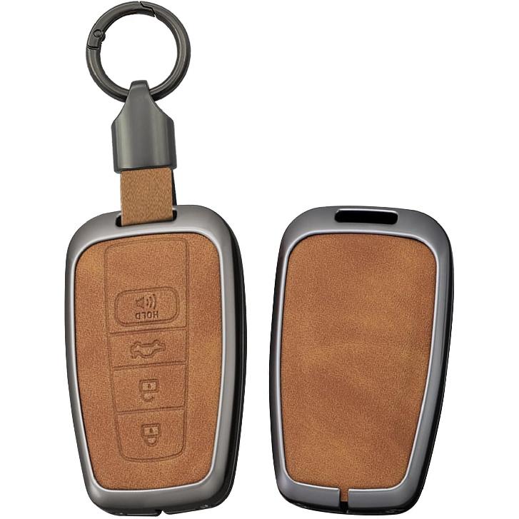 SANRILY Metal Leather 3 Button Key Fob Cover Case Fit for Toyota C-HR Prius Corolla Highlander Camry RAV4 Avalon Keyless Key Holder with Short