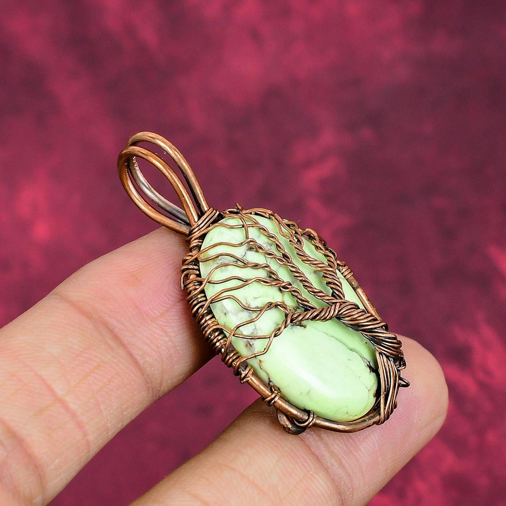 Tree Of Life Lemon Chrysoprase Pendant Gemstone Copper Wire Wrapped Pendant