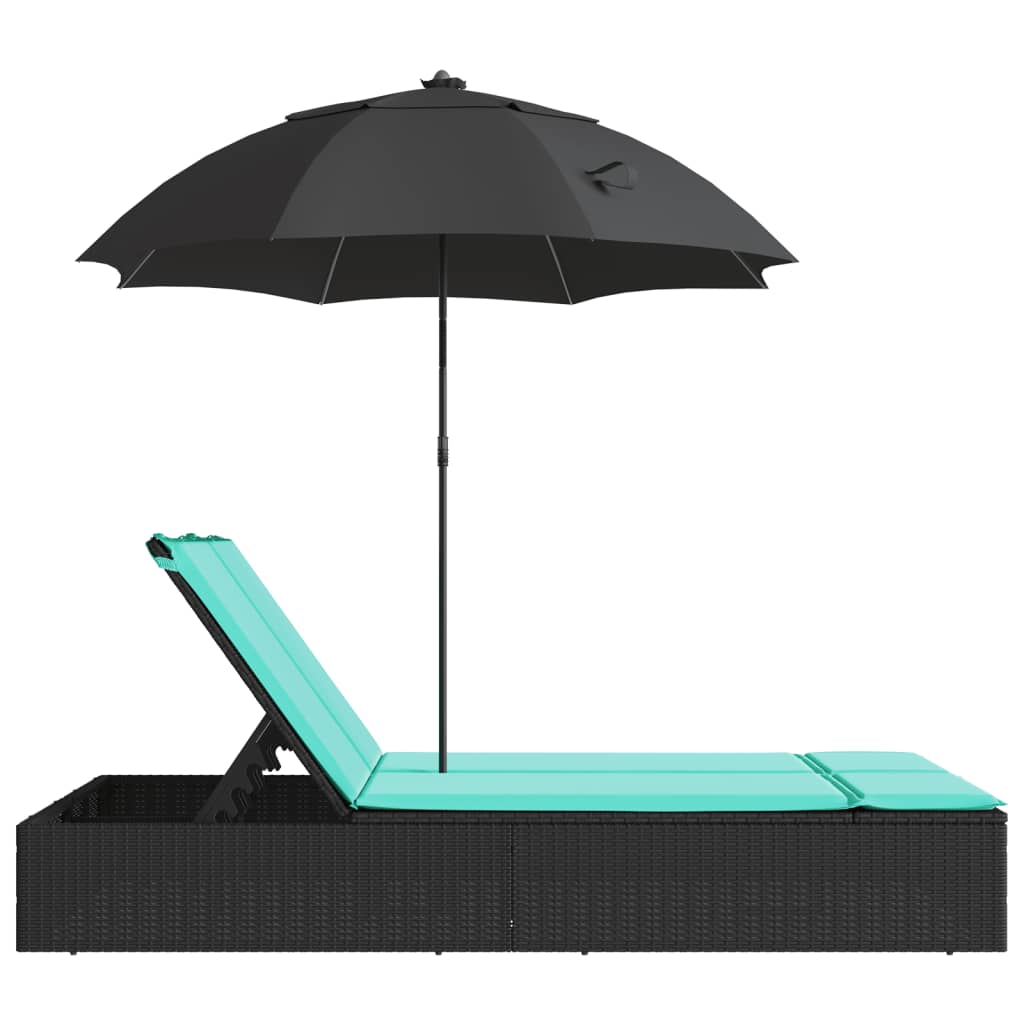 Double Sun Lounger with Cushions & Parasol Black Poly Rattan