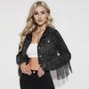 Women's Fashion Patchwork Distressed Denim Jacket with Tassels