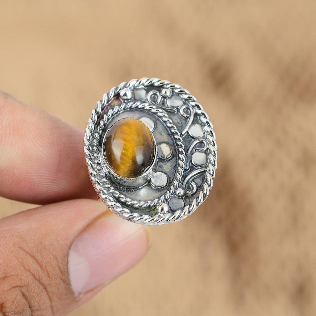 925 Silver Oval Tiger's Eye Gemstone Sacral Chakra Anniversary Wife Ring Jewelry