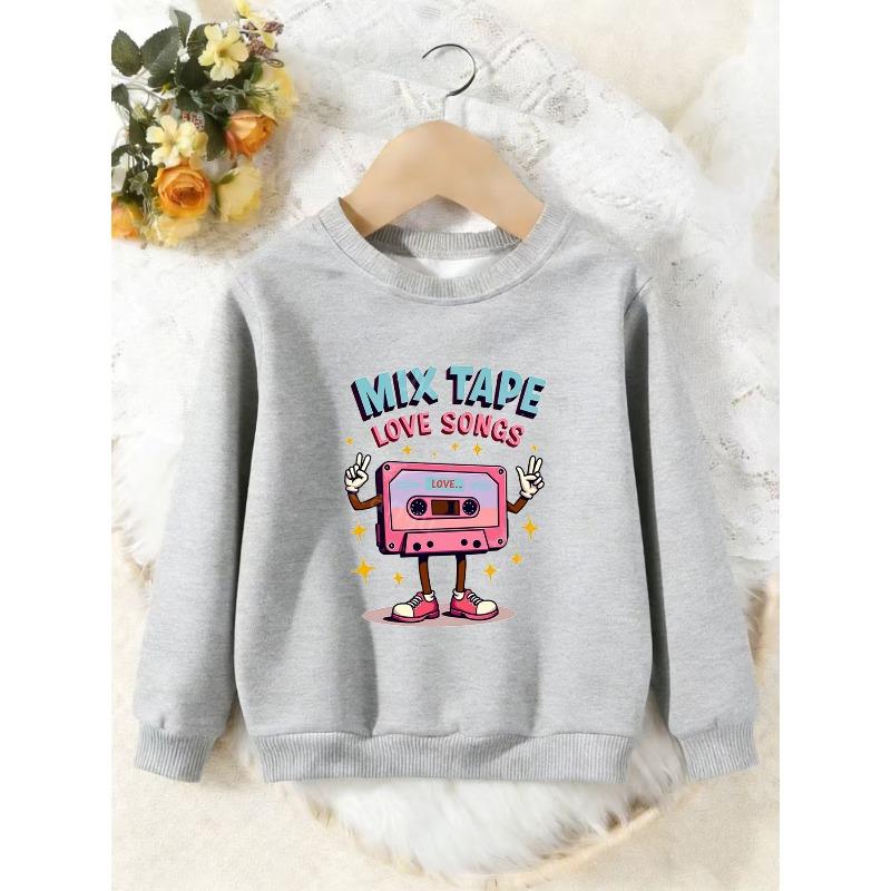 Unisex Kids Crewneck Sweatshirt, Retro Mix Tape Love Songs Cartoon Cassette Print Pullover, Boys Girls Vintage Sweatshirt For Kids Over 4 Years Old