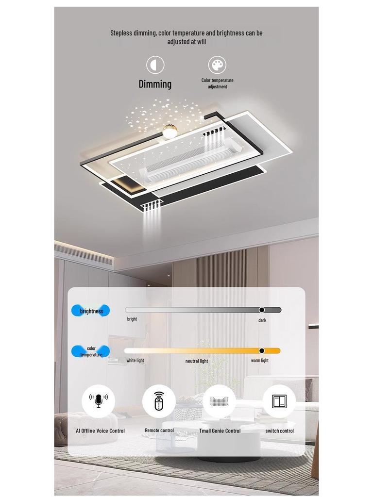 Smart Voice-Controlled Leafless Ceiling Fan Light for Living Room/Bedroom, Tricolor, Stepless Dimming, 110V.