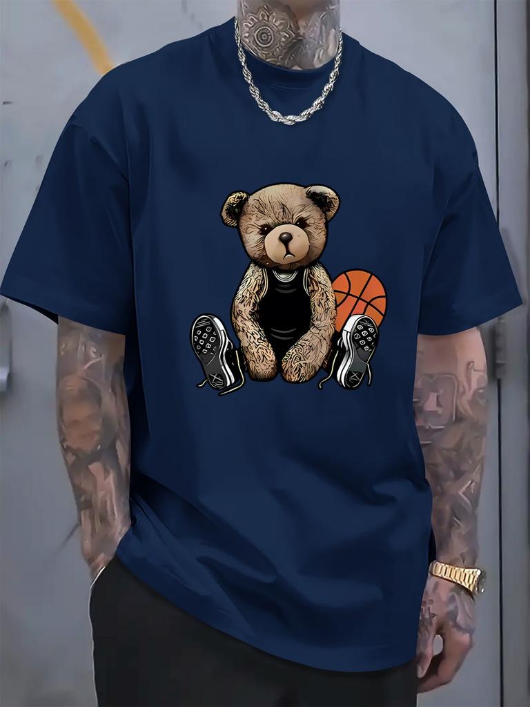 Herren Sommer Mode Spaß Basketball Bär Druck Bequem Atmungsaktiv Rundhals T-Shirt Outdoor Lässiges Oberteil