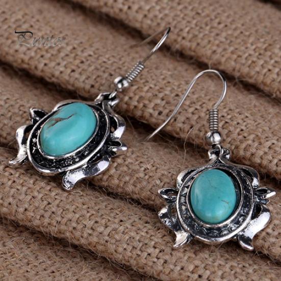 Women\'s Hollow Tibetan Oval Turquoise Bib Collar Necklace Earrings Jewelry Set