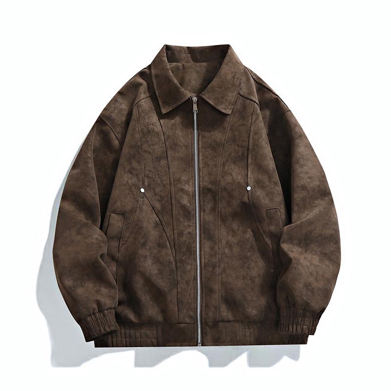 Trendy brand ruffian handsome men's leather jacket American retro tie-dye pilot Maillard couple lapel leather jacket men