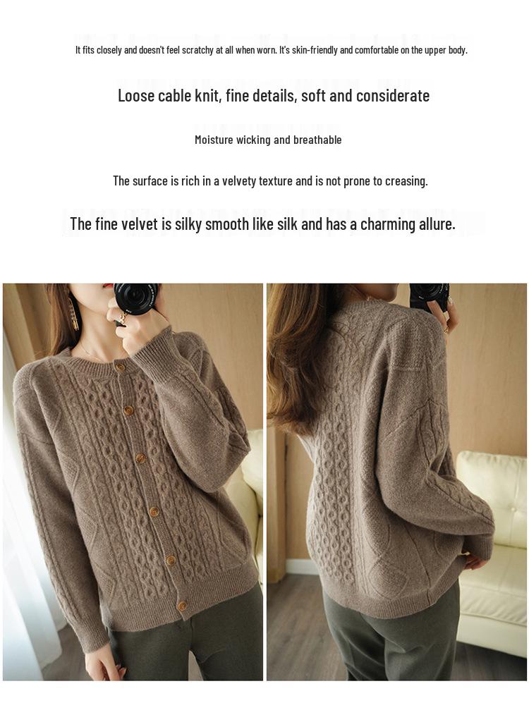 2024 Retro Style Women's Pure Wool Cardigan - Loose Fit, Thick Round Neck Cable Knit Sweater for Autumn/Winter