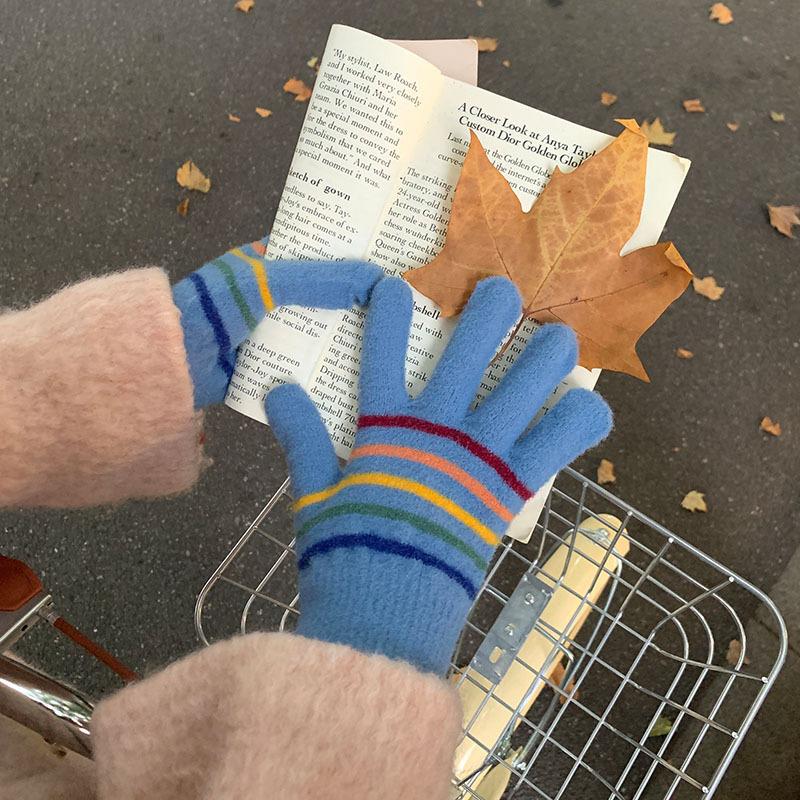 

Korean Version of Knitted Warm Gloves for Women In Winter New Stripes Five Finger Fingers Student Cycling Windproof Touch Screen Rainbow one size