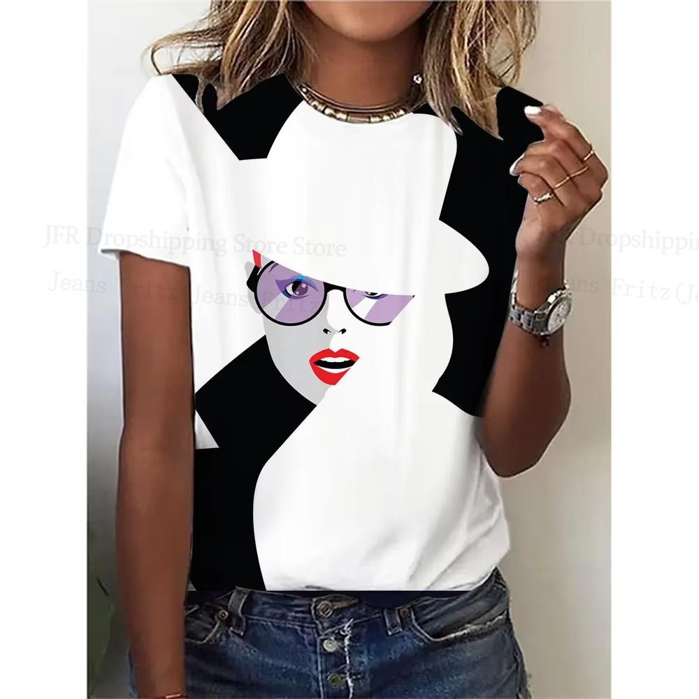 Summer Round Neck 3D Lady Face Graphic Print Top Fashionable Casual Short Sleeved Women's T-shirts