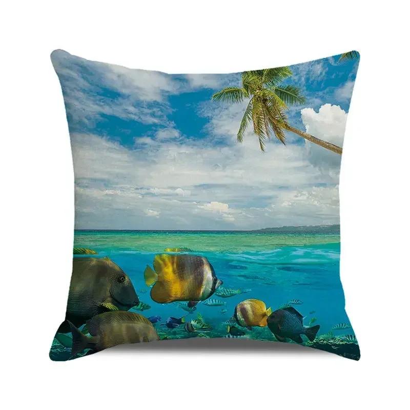 45x45 Cm Blue Ocean Style Square Cushion Cover Beach Coconut Grove Sunset Scenery Print Pillowcase Home Decor Pillow Cover