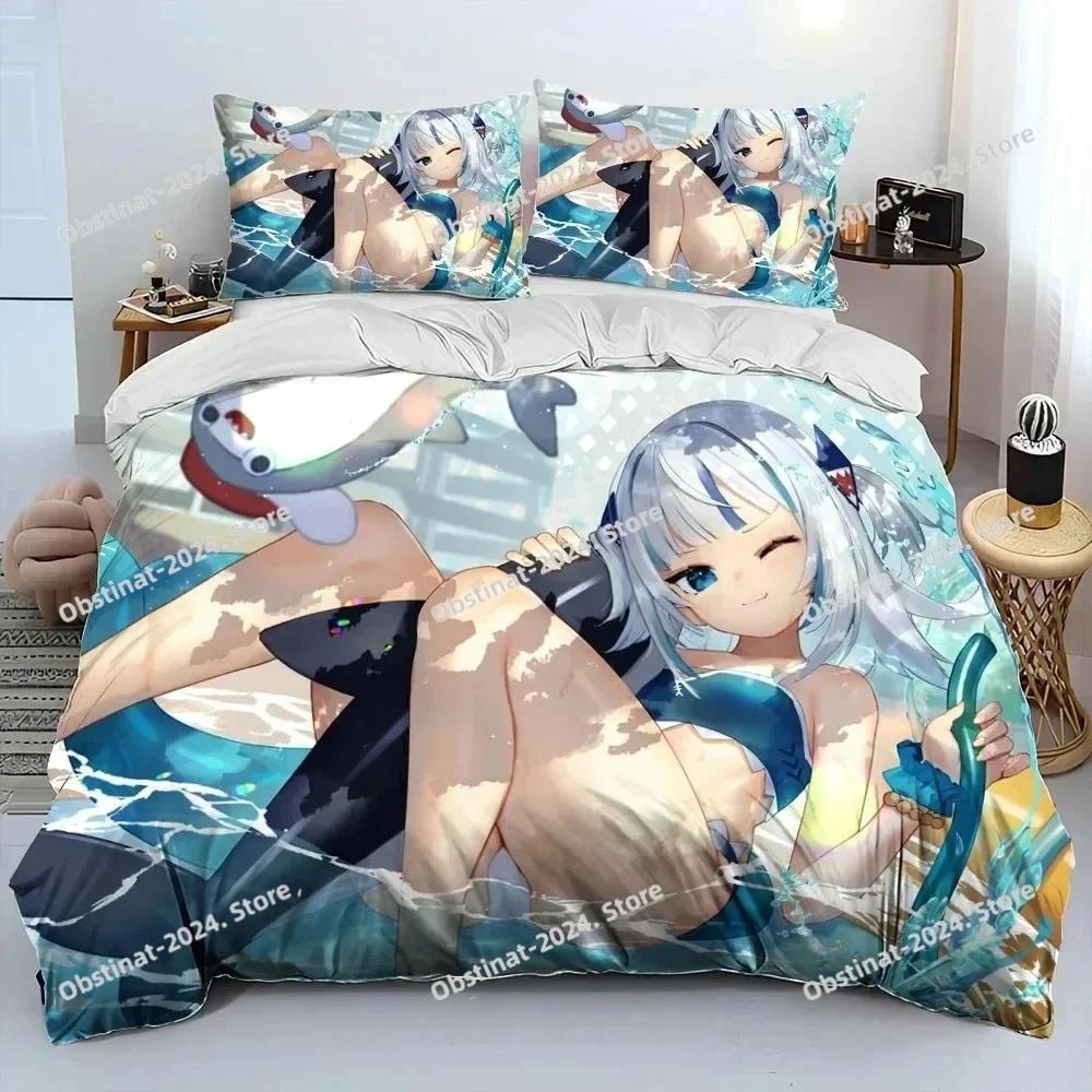 Cute Gawr Gura Hololive Anime Shark Printed Duvet Cover Pillowcase Bedding Set Bed Linen Sheet Quilt Cover Full Queen King Size
