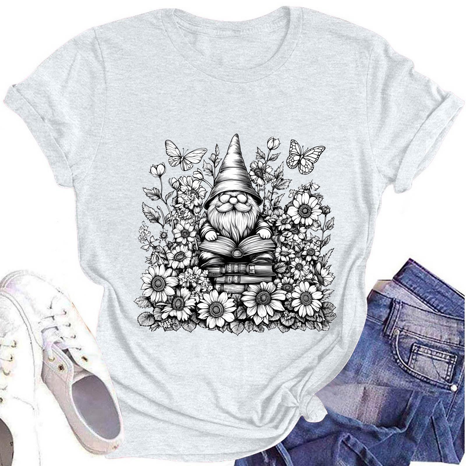 

Женская модная футболка с круглым вырезом и коротким рукавом с принтом гнома и цветочным принтом S белый