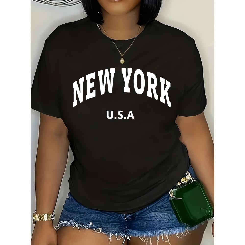 New York Print T-shirt Short Sleeve Crew Neck Casual Top for Summer & Spring Women's Clothing