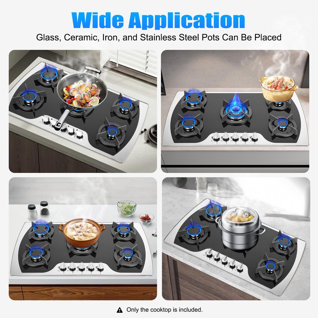 5 Burner Gas Cooktop Tempered Glass Gas Stoves 180 Degree Heat Control Knob Kitchen Gas Stove for Home Use W/ Safety Protection