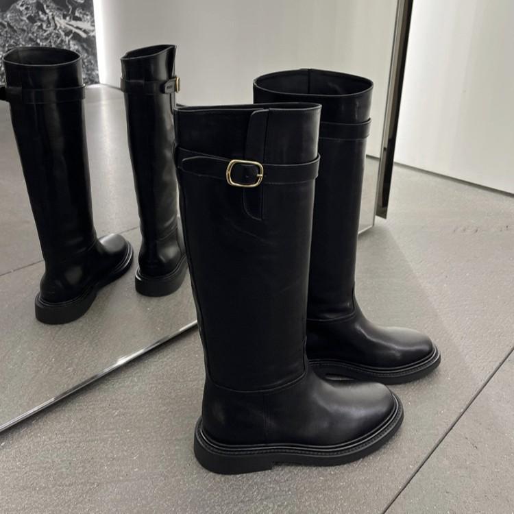 Cowhide version~ 2025 new retro leather metal buckle thick heel boots women's small but knee sleeve women's boots