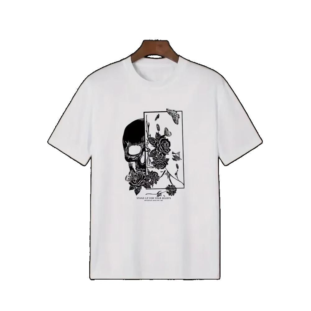 T-Shirt for Men Skull & Flowers Print T-shirt Short Sleeve Tee Casual Sports Clothing for Males Fashion Plus Size Men's Clothing