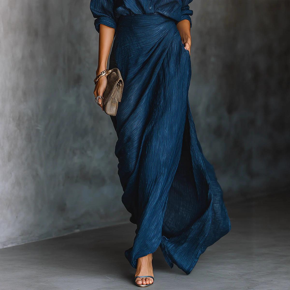 Independent Station European and American women s autumn elegant and sexy solid color irregular pleated belted dress XS синий