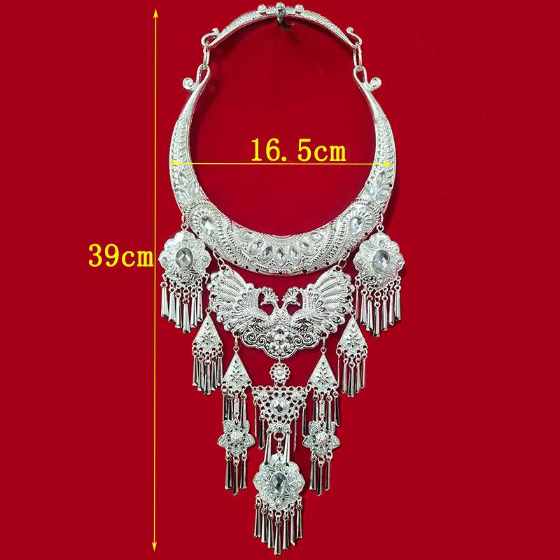 Miao Silver-Plated Gem Rhinestone Tassel Necklace for Hanfu Dance