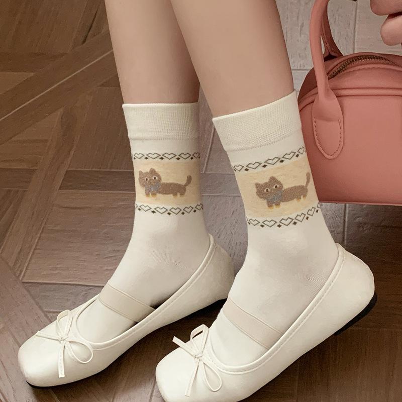 Fer Island Children's Autumn-winter Mid-length Plush Socks Featuring Cute Cartoon Cats and Dogs with Fleece Material and Without Bones